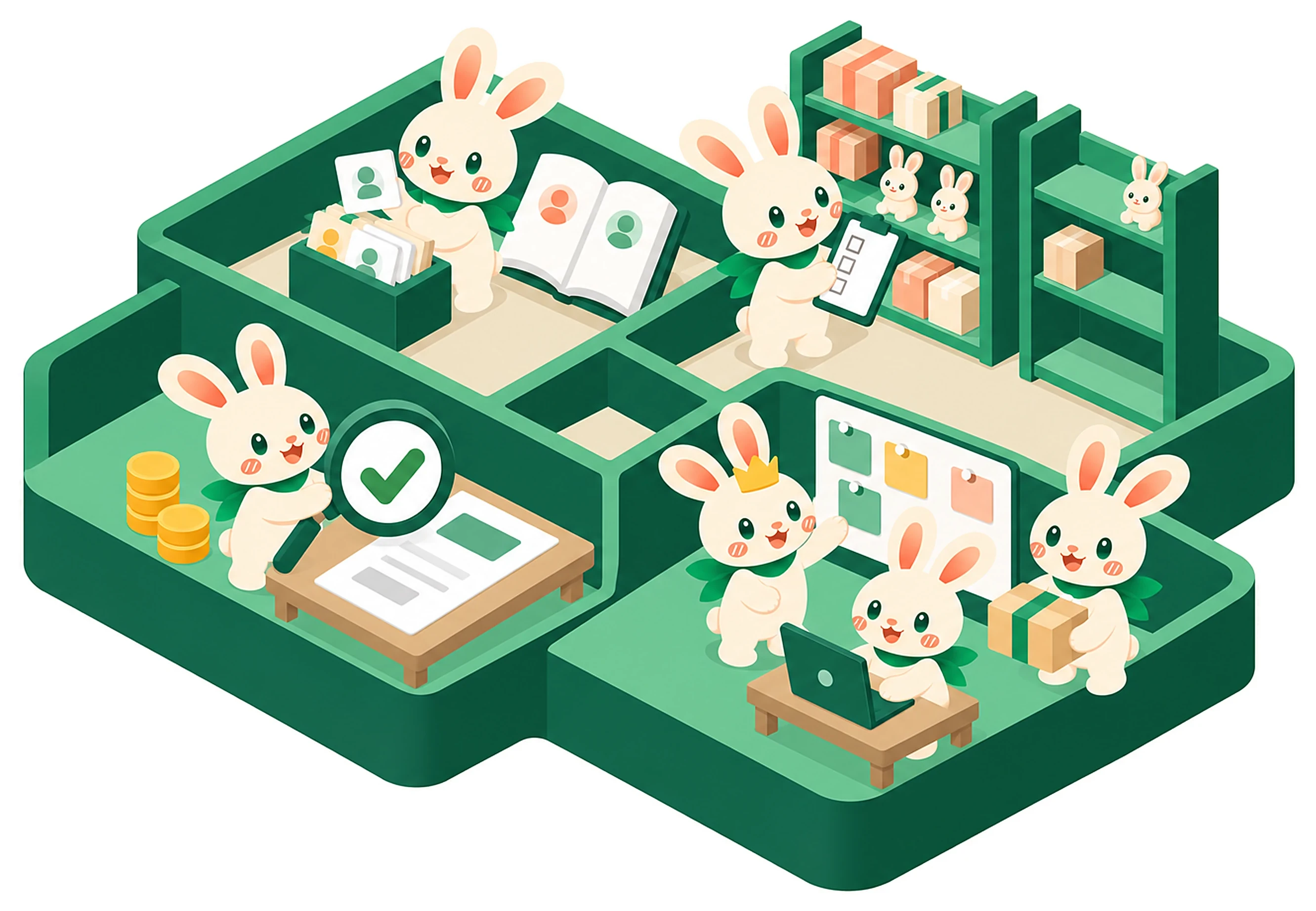 หลังร้านสี่ห้องที่กระต่ายช่วยกันดูแลสมุดลูกค้า นับสต็อก ตรวจสลิป และทำงานเป็นทีม
